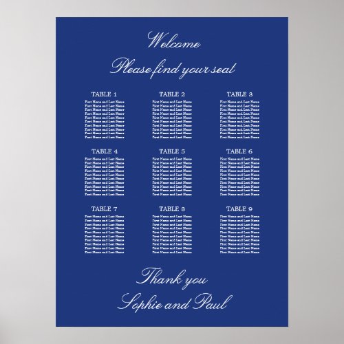 Dark Blue 9 Table Wedding Seating Chart Poster
