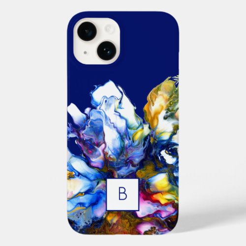 Dark Blue Abstract Fluid Art Monogrammed Case_Mate iPhone 14 Case