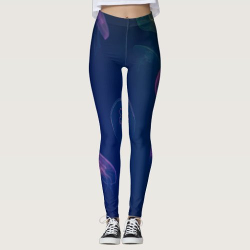 Dark Blue Abstract Leggings with Pink Purple Accen