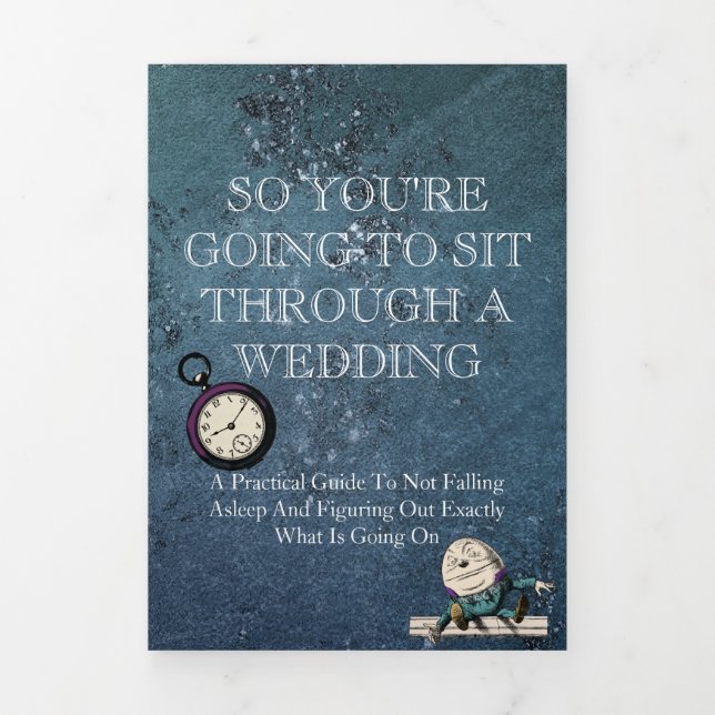 Dark Blue Alice in Wonderland Funny Wedding Tri-Fold Program (Cover)