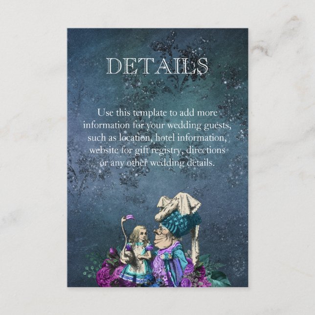 Dark Blue Alice in Wonderland Wedding Details  Enclosure Card (Front)