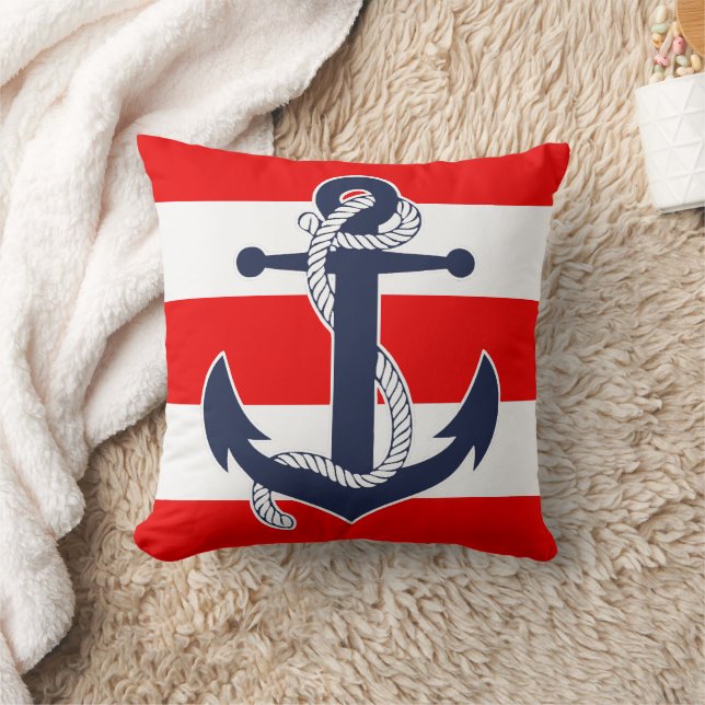 Dark Blue Anchor Chic Nautical Red Stripes Pattern Throw Pillow (Blanket)