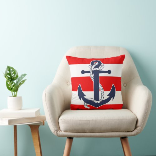 Dark Blue Anchor Chic Nautical Red Stripes Pattern Throw Pillow