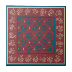 Dark Blue and Beige Floral Pattern on Deep Red Ceramic Tile