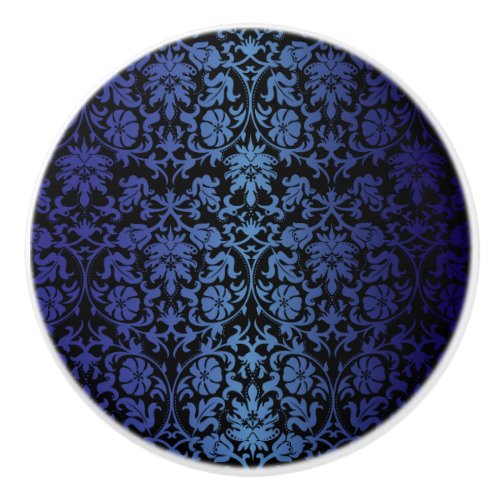 Dark Blue and Black Damask Pattern Ceramic Knob