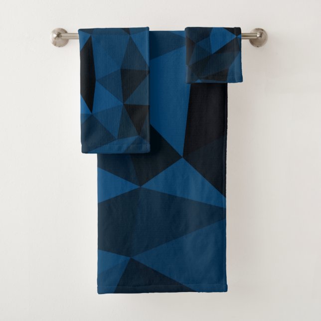 Dark blue and black geometric mesh pattern bath towel set (Insitu)