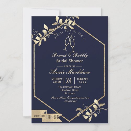 Dark Blue and Champagne Gold Bubbly Brunch Invitation