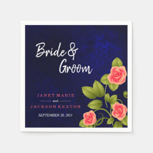 Dark Blue and Coral Rose Flower Napkins
