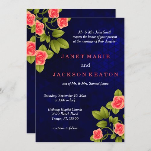 Dark Blue and Coral Rose Flower Wedding Collection Invitation