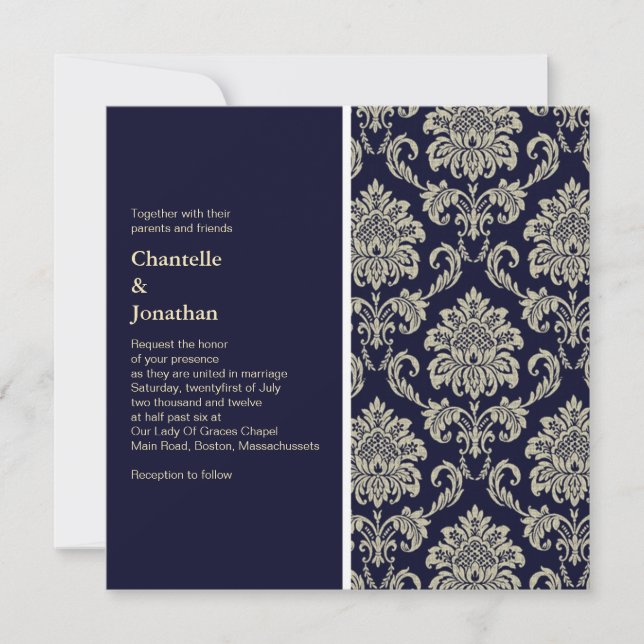 Dark Blue and Cream Damask Wedding Invitation (Front)