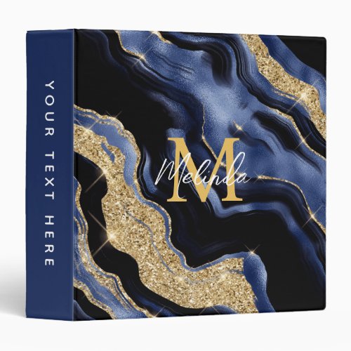 Dark Blue and Gold Abstract Agate 3 Ring Binder