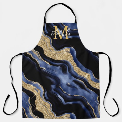 Dark Blue and Gold Abstract Agate Apron