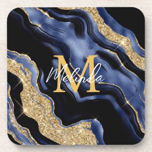 Dark Blue and Gold Abstract Agate Beverage Coaster