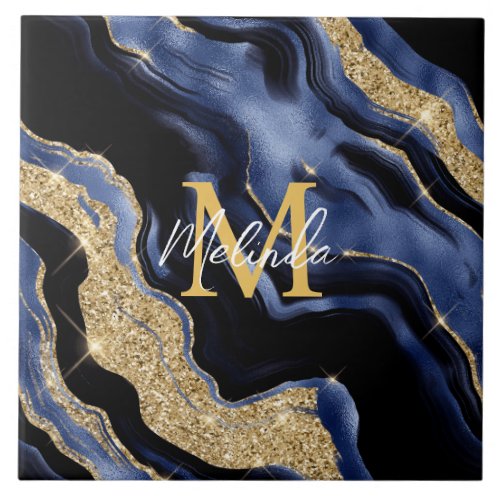 Dark Blue and Gold Abstract Agate Ceramic Tile