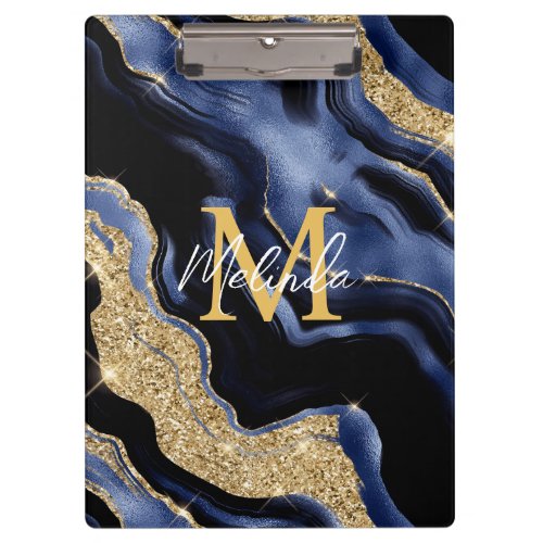 Dark Blue and Gold Abstract Agate Clipboard