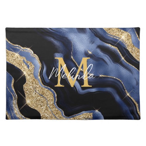 Dark Blue and Gold Abstract Agate Cloth Placemat