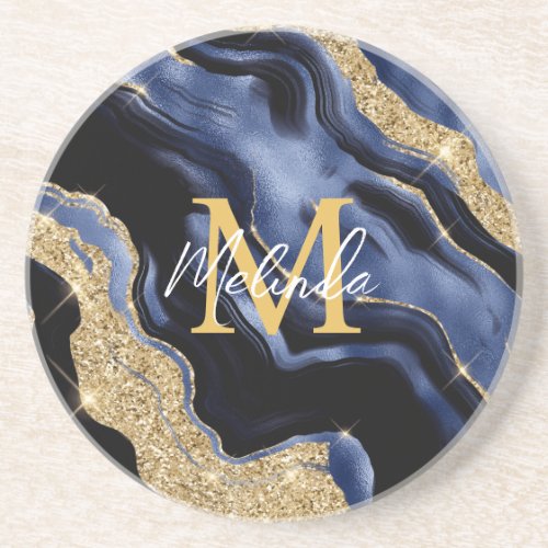 Dark Blue and Gold Abstract Agate Coaster