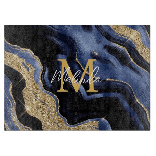 Dark Blue and Gold Abstract Agate Cutting Board