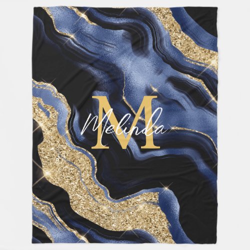 Dark Blue and Gold Abstract Agate Fleece Blanket