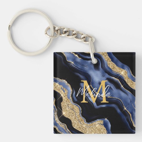 Dark Blue and Gold Abstract Agate Keychain