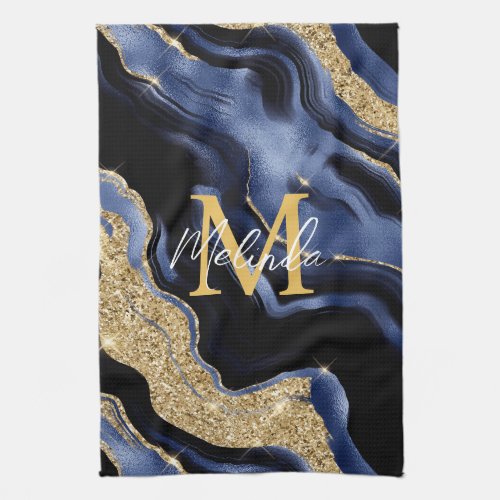 Dark Blue and Gold Abstract Agate Kitchen Towel