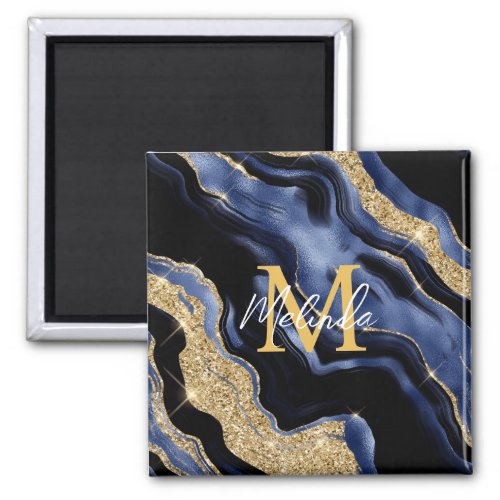 Dark Blue and Gold Abstract Agate Magnet