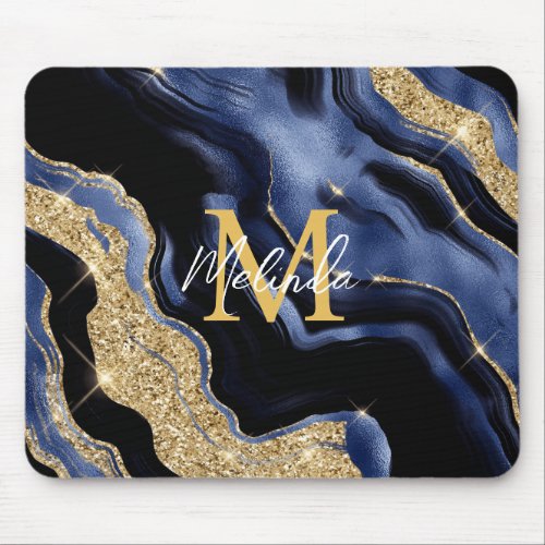 Dark Blue and Gold Abstract Agate Mouse Pad