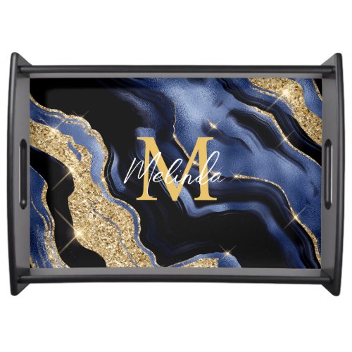 Dark Blue and Gold Abstract Agate Serving Tray