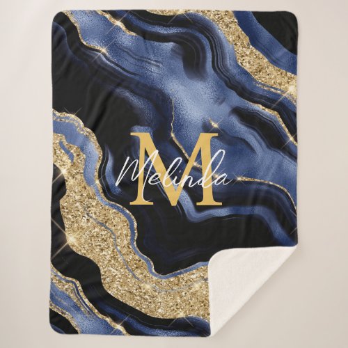 Dark Blue and Gold Abstract Agate Sherpa Blanket