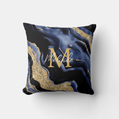 Dark Blue and Gold Abstract Agate Throw Pillow
