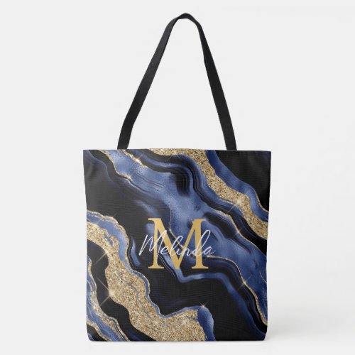 Dark Blue and Gold Abstract Agate Tote Bag
