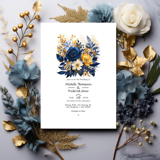 Dark Blue and Gold Floral Wedding Invitation | Zazzle