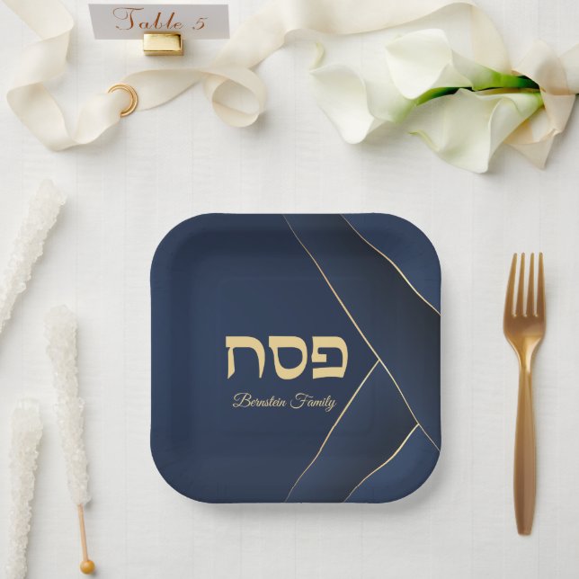 Dark Blue and Gold Hebrew Passover Seder Paper Plates (Wedding)