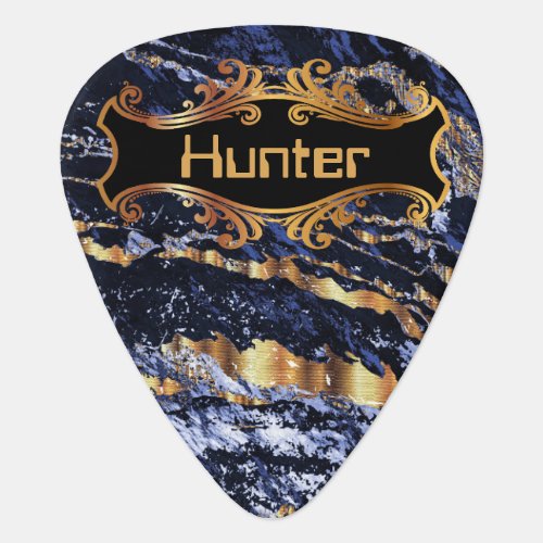 Dark Blue and Gold Marble Guitar Pick