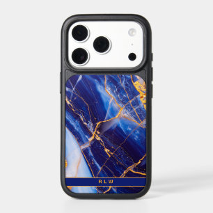 Dark Blue and Gold Marble Monogrammed  iPhone 17 Pro Case