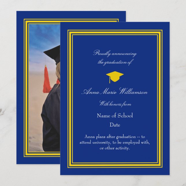 Dark Blue and Gold photo Graduation Announcement (Front/Back)