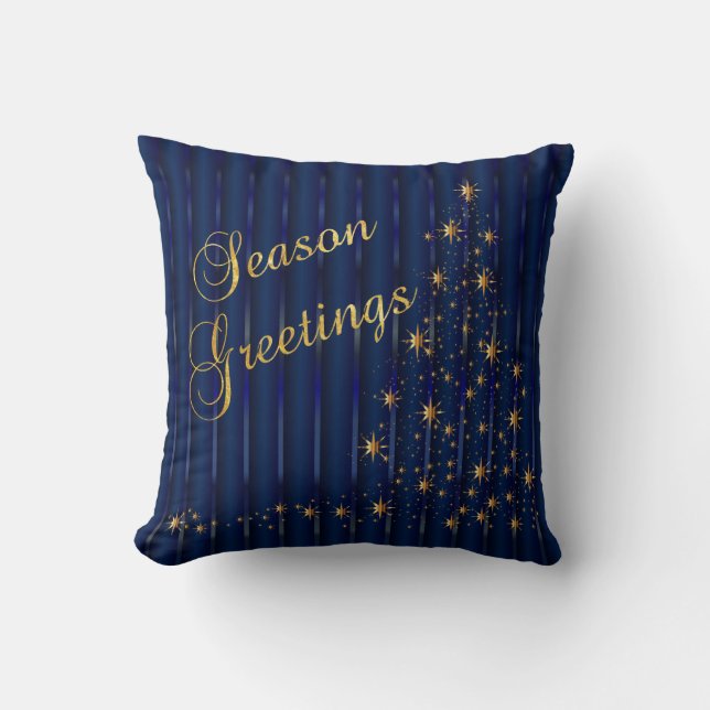 Dark Blue and Gold Star Christmas Tree Throw Pillow (Front)