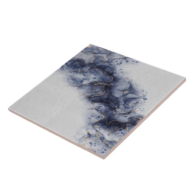 Dark blue and gold watercolor ink marks ceramic tile (Side)
