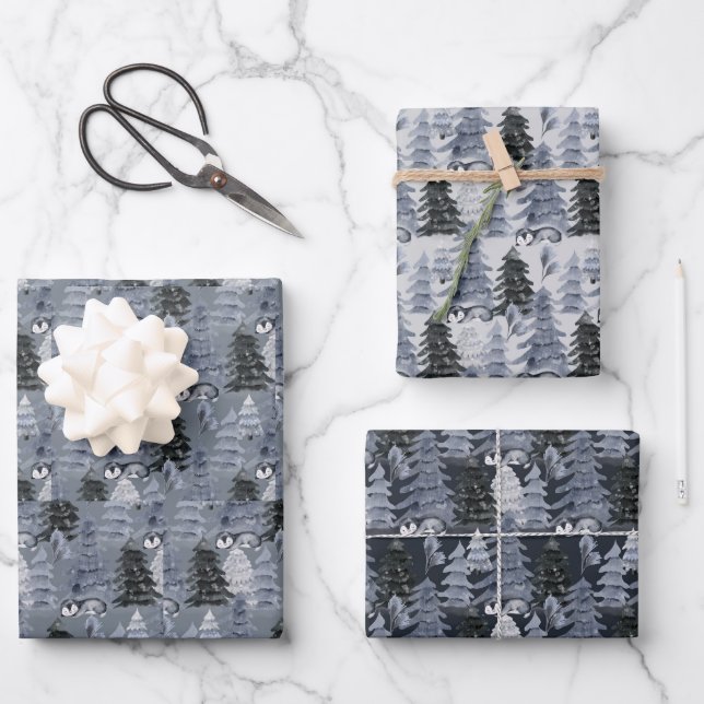 Dark Blue and Gray Christmas Trees Wrapping Paper Sheets (Front)