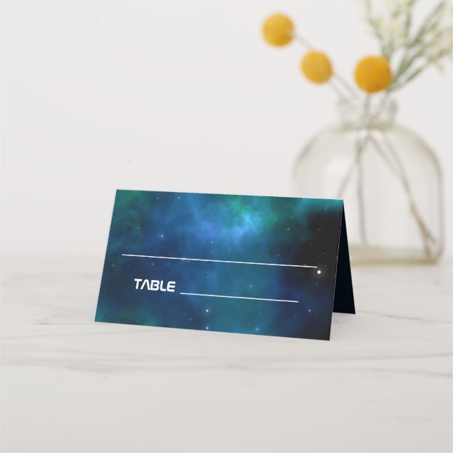 Dark Blue and Green Galaxy Wedding Place Card (Front)