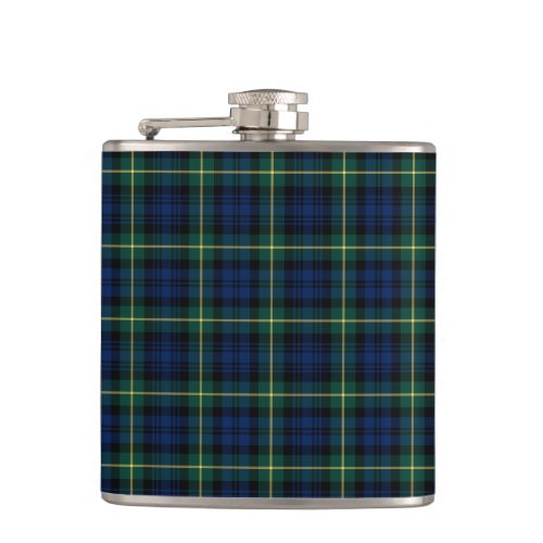 Dark Blue and Green Gordon Clan Scottish Plaid Hip Flask