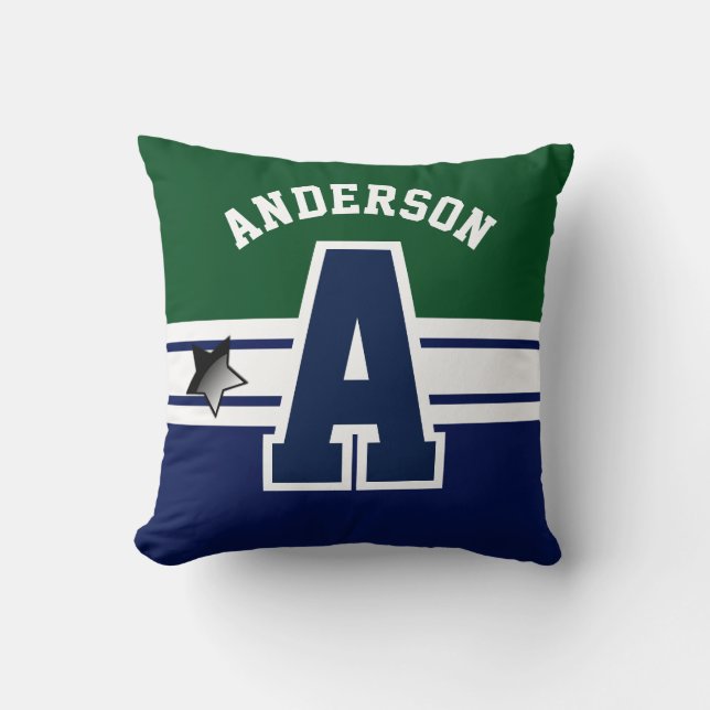 Dark Blue and Green Sport Letter Throw Pillow (Front)