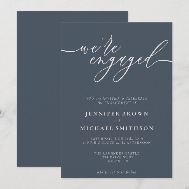 Dark Blue and Ivory Gray We are engaged Invitation