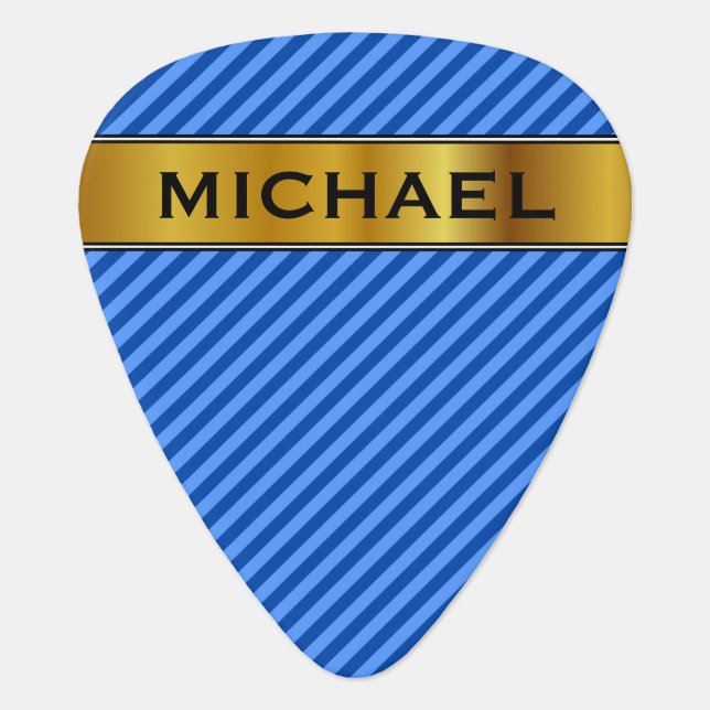 Dark Blue and Lighter Blue Stripes Pattern & Name Guitar Pick (Front)