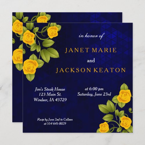 Dark Blue and Marigold Yellow Rose Flower Wedding Invitation