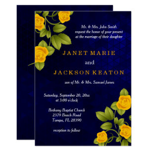 Yellow And Blue Wedding Invitations Zazzle Dark Blue And Marigold Yellow Rose Wedding Invitation