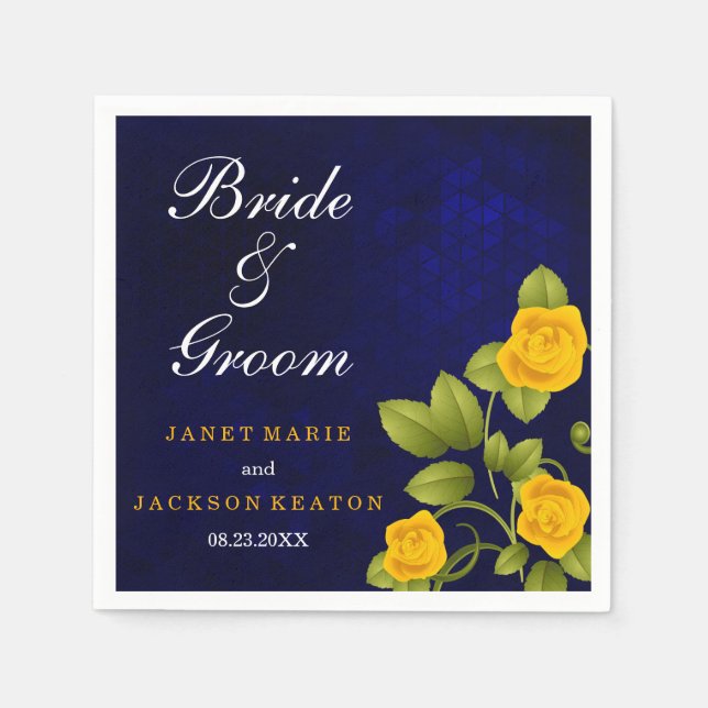 Dark Blue and Marigold Yellow Rose Wedding Paper Napkins (Front)