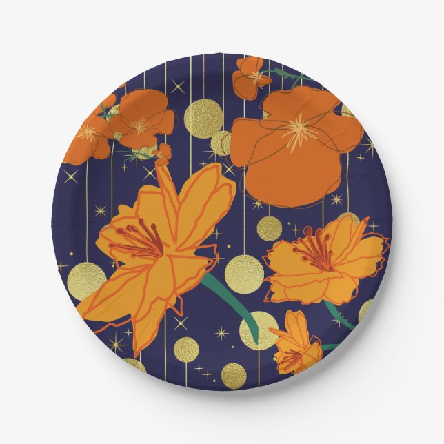 DARK BLUE AND ORANGE FLOWERS PAPER PLATES (Front)