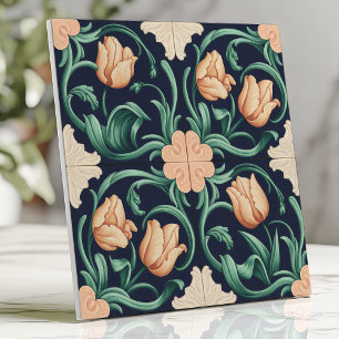 Dark Blue and Peach Arts and Crafts Tulip Ceramic Tile