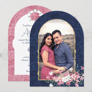 Dark Blue and Pink Rose Bouquet, Arched Wedding Invitation